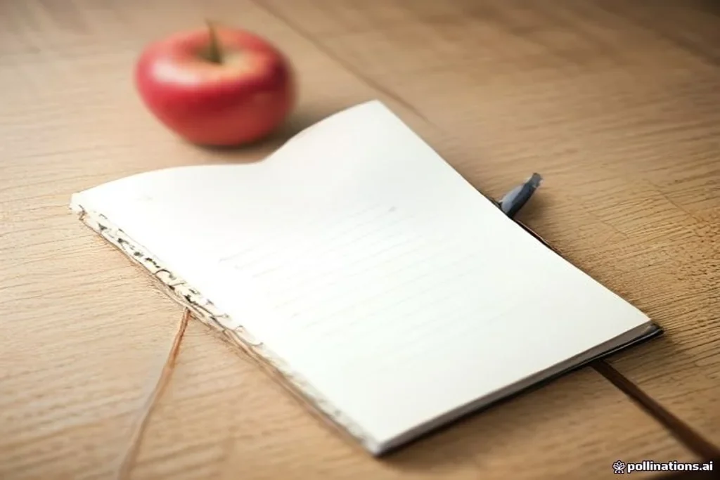 Caderno de anotações com lista de alimentos e pontos ao lado de prato balanceado
