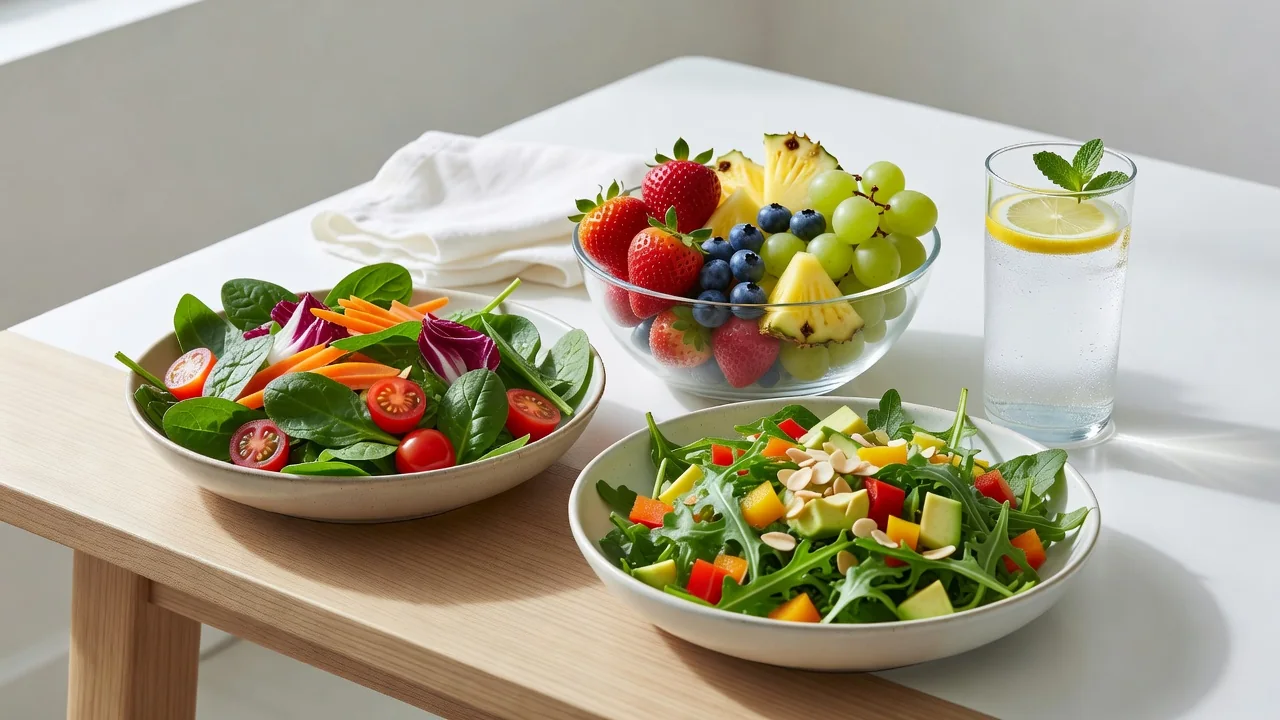 Mesa com pratos de salada colorida, frutas frescas e copo de água