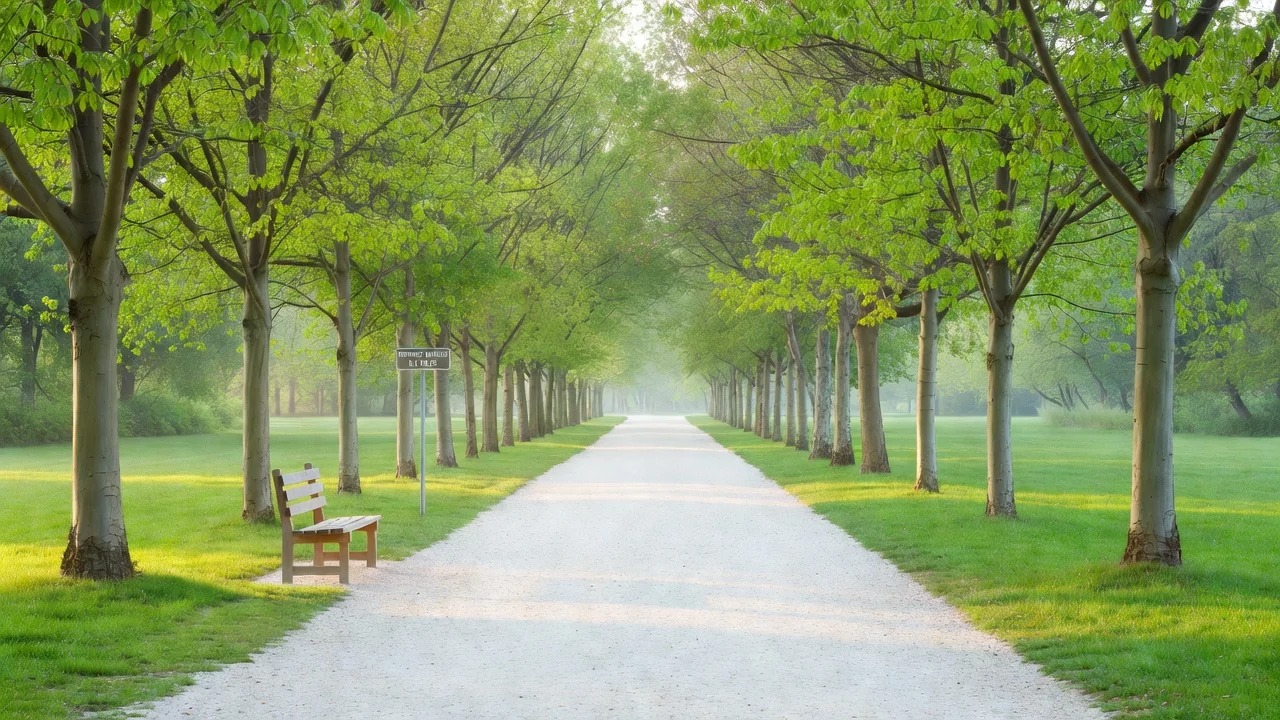 Trilha arborizada em parque ao amanhecer com banco e placa de percurso
