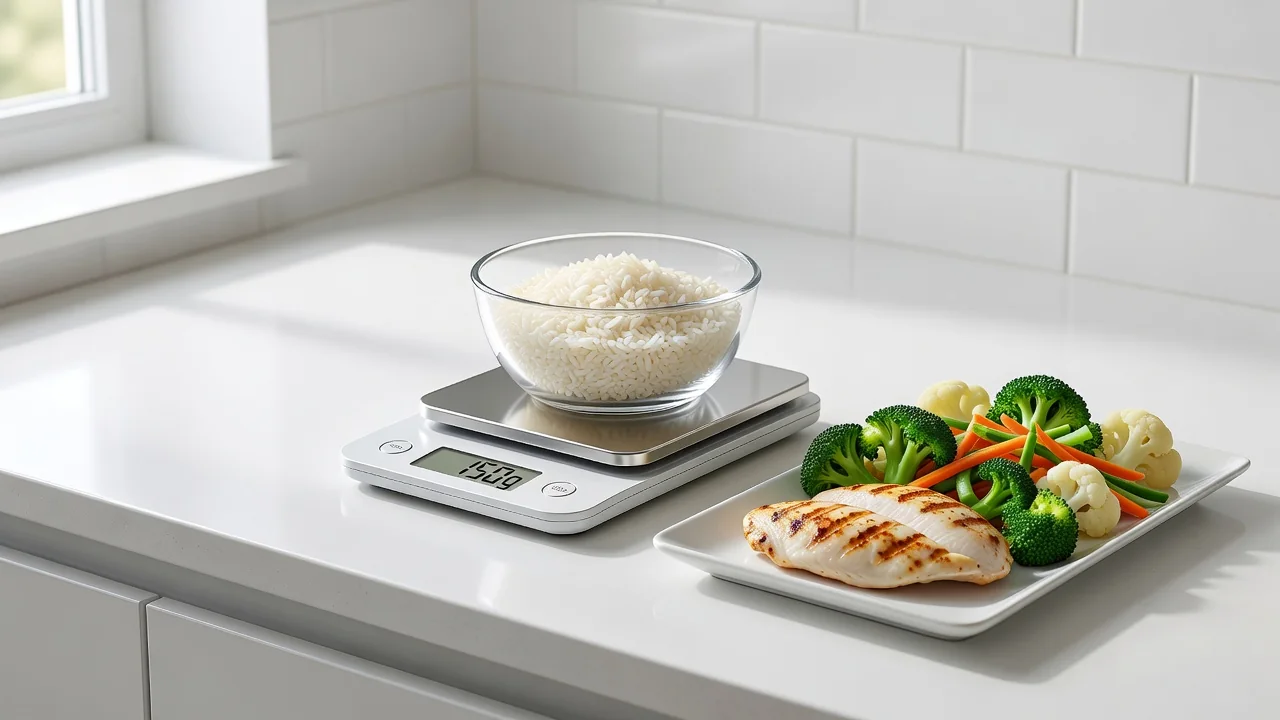 Balança de cozinha com porção de arroz, frango grelhado e legumes medidos